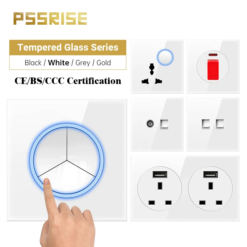 

PSSRISE EU UK Wall Switch Socket with 5V 2.1A USB Charger Full Tempered Glass Panel Light Switch Power Outlet with LED Indicator