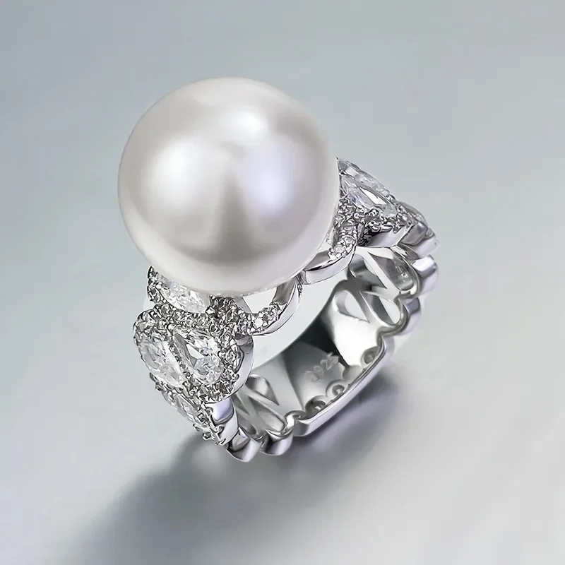 

Karachi Rich Lady Happy Designer 14mm Pearl Ring With Luxury Inlaid Ring Selling Versatile Fashionabl Personalized Jewelry