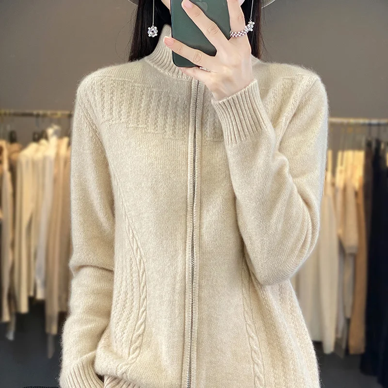 Standing Collar Sweater Women\'s 100% Merino Wool Clothing Cardigan Autumn/Winter Warm Long Sleeve Top Fashion Knitted Loose Jack