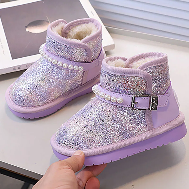 Winter Princess Plush Boots For Girls PU Leather Thick Warm Faux Fur Boots Pearl Sequins Glitter Cotton Shoes For Teenager