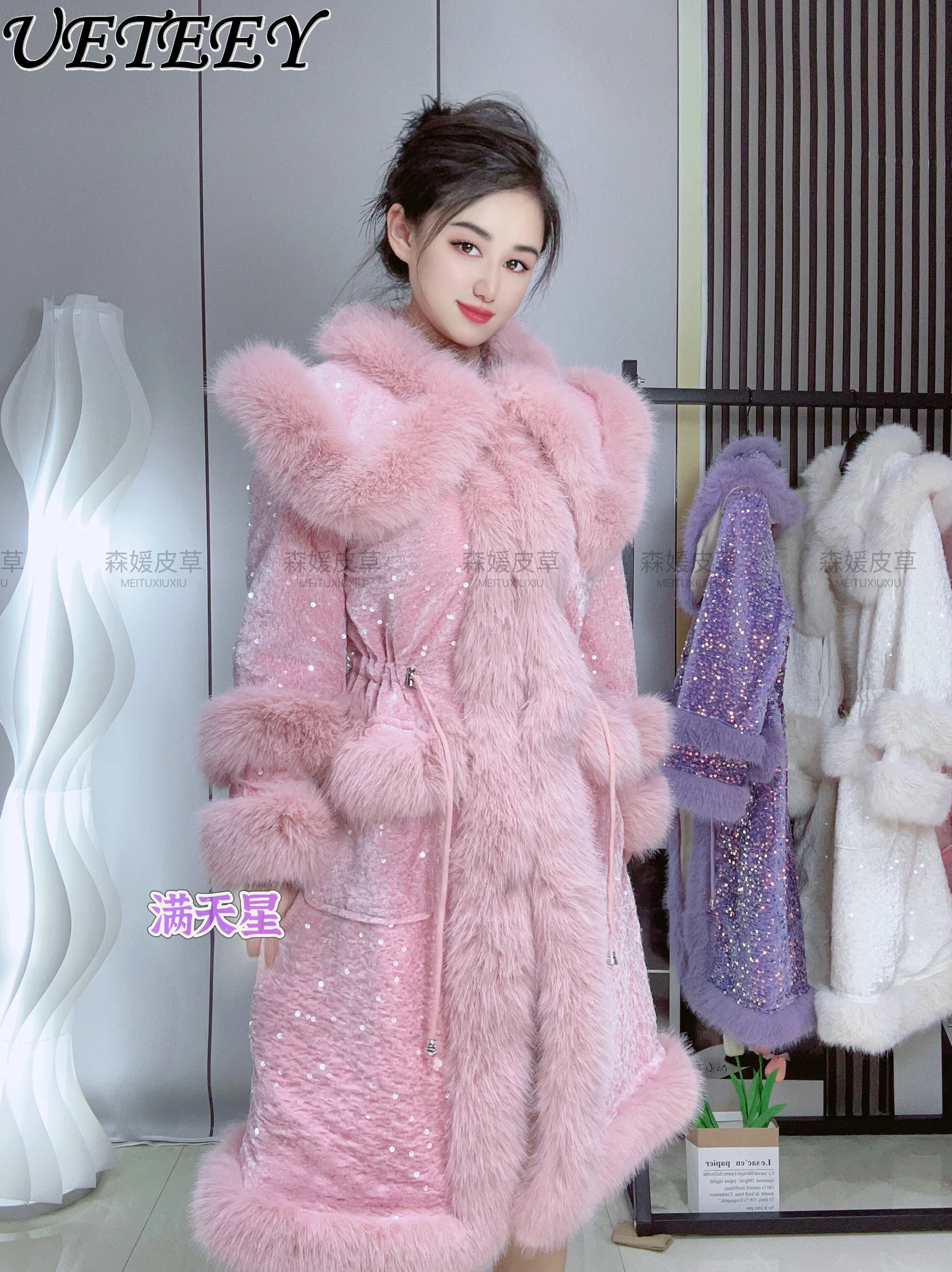 Winter New Heavy Industry Sequins Long Imitation Fur Waist Strap Jacket Temperament Girls Fur Collar Thickened Sweet Warm Coat