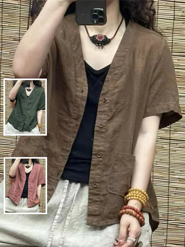 

Artistic Cotton Linen ort Sve V-Ne Button-Up Outerwear Large Size Women's Faion Casual Pear Straight Body pe