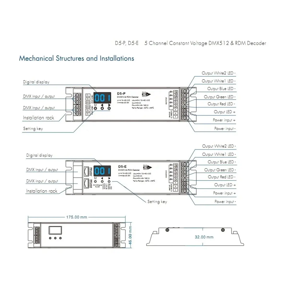 2026 New DC12-48V 5-Channel X 4A 5-Channel Constant Voltage DMX512 & RDM Decoder D5-E