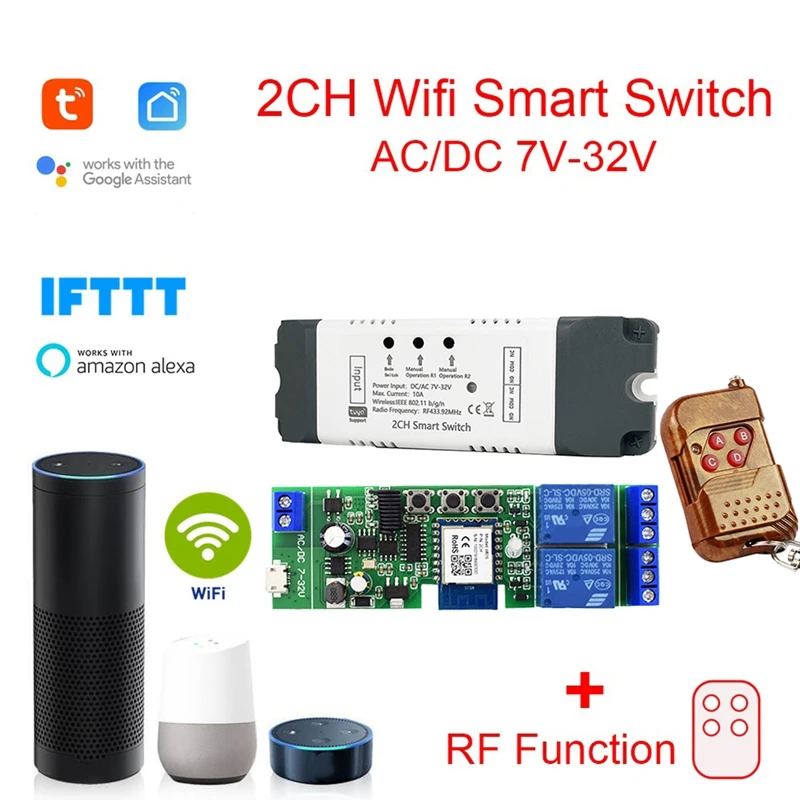 1 Set Tuya Smart Wifi Switch With RF Remote Fit For Alexa 2 CH AC/DC 7-32V RF/APP Remote Control Smart Home
