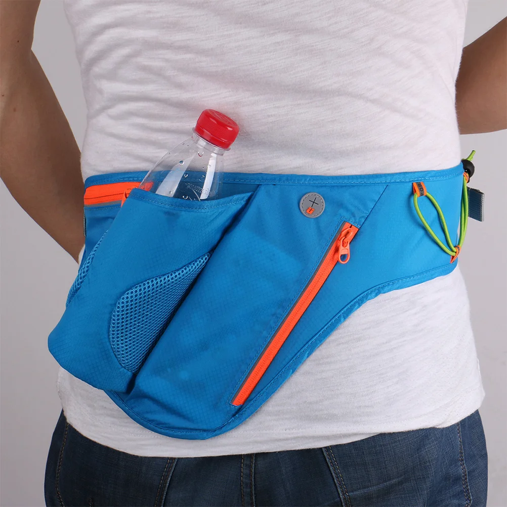 Running Belt Waist Pack Water Resistant Nylon Blue Adjustable Waistband Phone Pocket Bottle Holder Outdoor Sports Travel Hiking