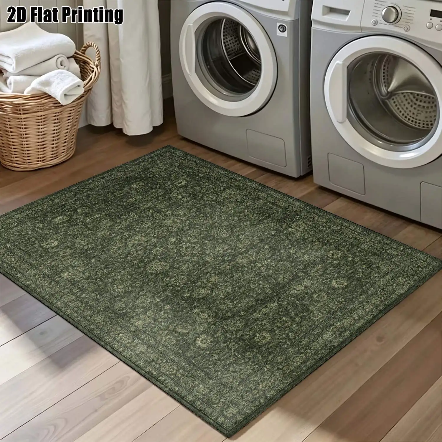 1Pc 2D Printed Carpet: Deep Green Retro, Retro Geometric, Bohemian Styles, Multiple Sizes, Machine Washable, Ideal for Home Decoration, Multi-Scene Use