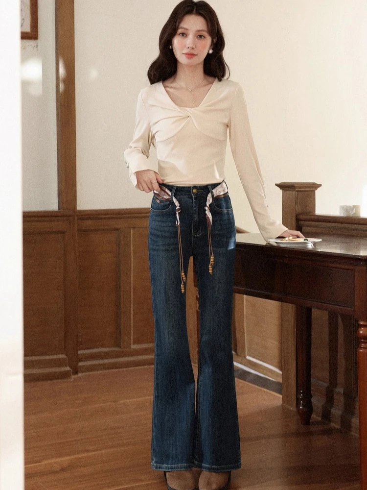 Alxnan vintage azul queimado jeans feminino de cintura alta fino ajuste algodão denim jeans 2025 outono inverno casual calças femininas l57012