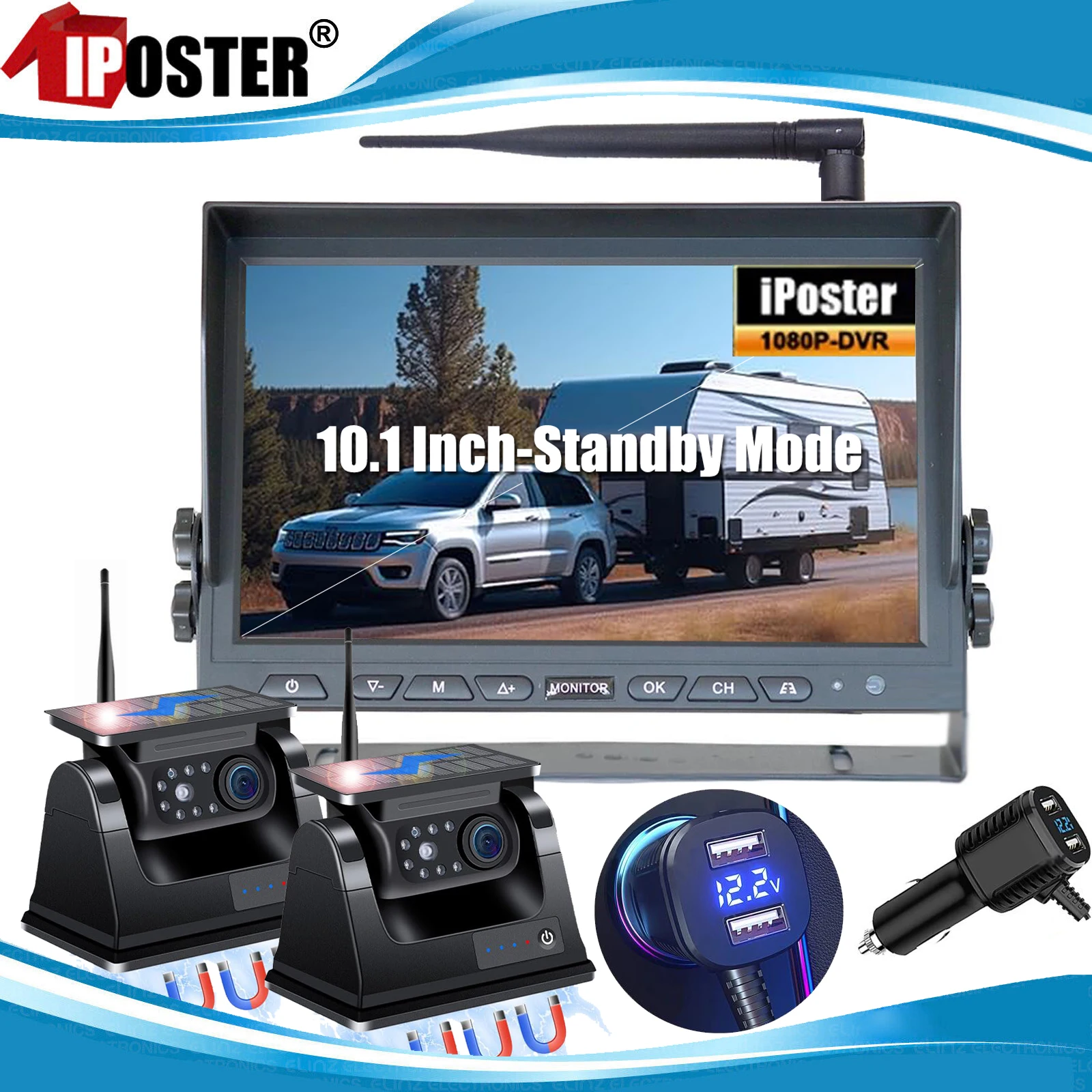 

iPoster Digital Wireless 10.1" Monitor DVR Standby Mode 1080P Solar Panel Magnetic Base Rear View Reversing Camera Truck Caravan