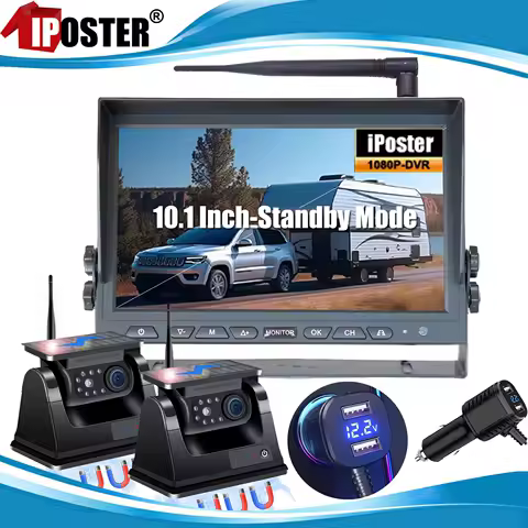 iPoster Digital Wireless 10.1" Monitor DVR Standby Mode 1080P Solar Panel Magnetic Base Rear View Reversing Camera Truck Caravan