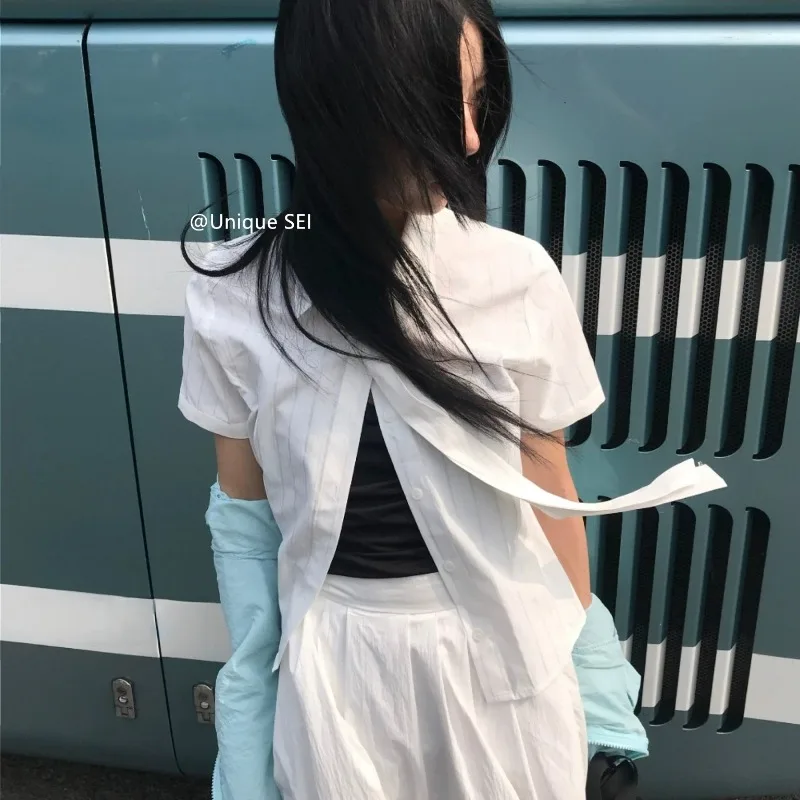 Turn Down Collar Lace-up Vintage Short Sleeve Shirt Women 2026 Summer New Korean Contrast Color Vertical Stripe Casual Tops
