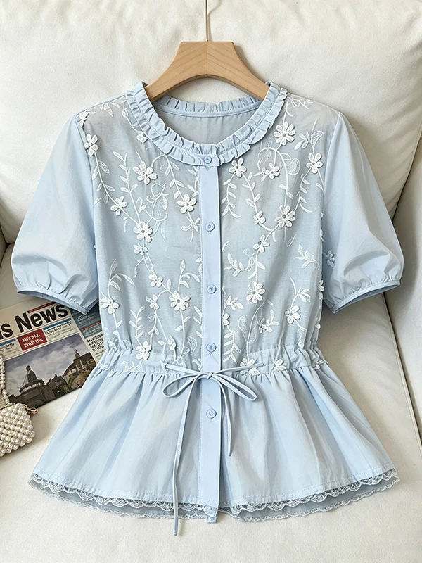 

plus Size Summer Floral Print Shirt Women's Bubble Sleeve Short Sleeve Waist Cinched Top Korean Style round Neck Casual Blouse