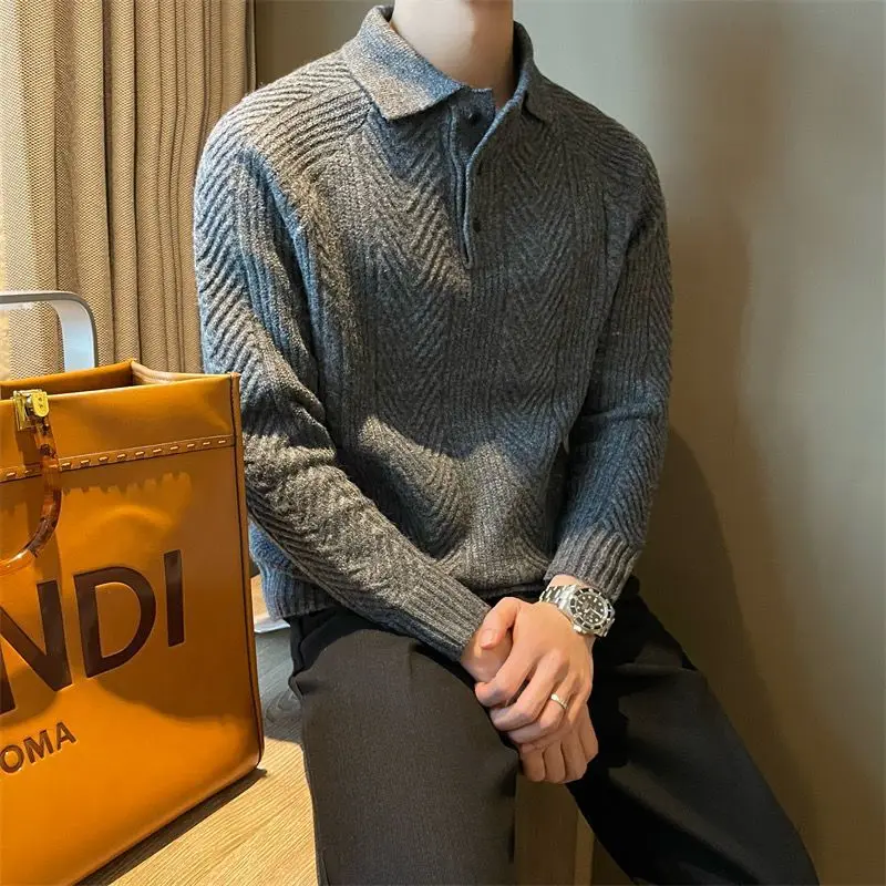 Japanese Style Vintage Autumn Winter New Sweaters Men\'s Lapel Button Jacquard Weave Fashion Long Sleeve Pullovers Knitted Tops