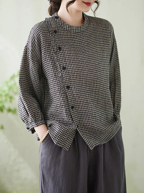 

Summer 2026 Retro Cotton Linen Large Size Plaid Shirt Women's Midi Sleeve Fashionable Ear Look Shirt Casual Stand Collar Dress