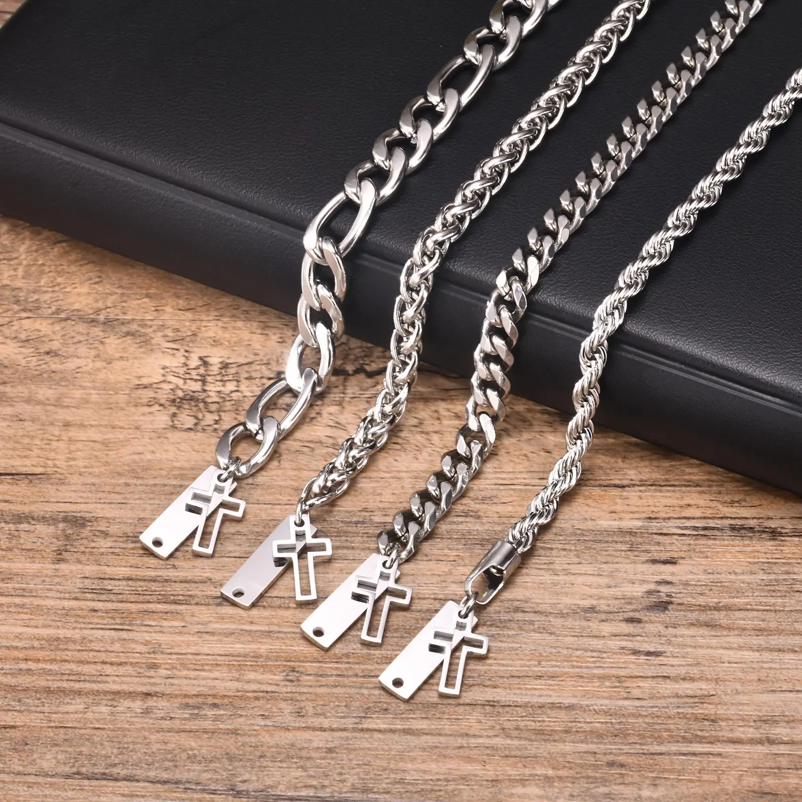 Cross Cuban Chain Bracelets for Men Boys,Waterproof Twist Rope Figaro Chain Wristband 21CM/8.2inch,Stylish Prayer Jewelry Gifts