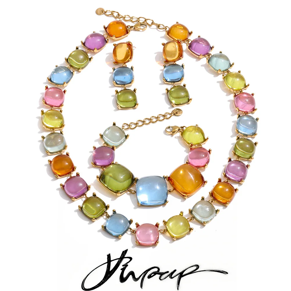 Yhpup Buntes Acrylharz-Set mit quadratischer Kette, Halskette, Armband, Ohrringen, PVD-beschichteter Edelstahl, modischer Y2K-Schmuck