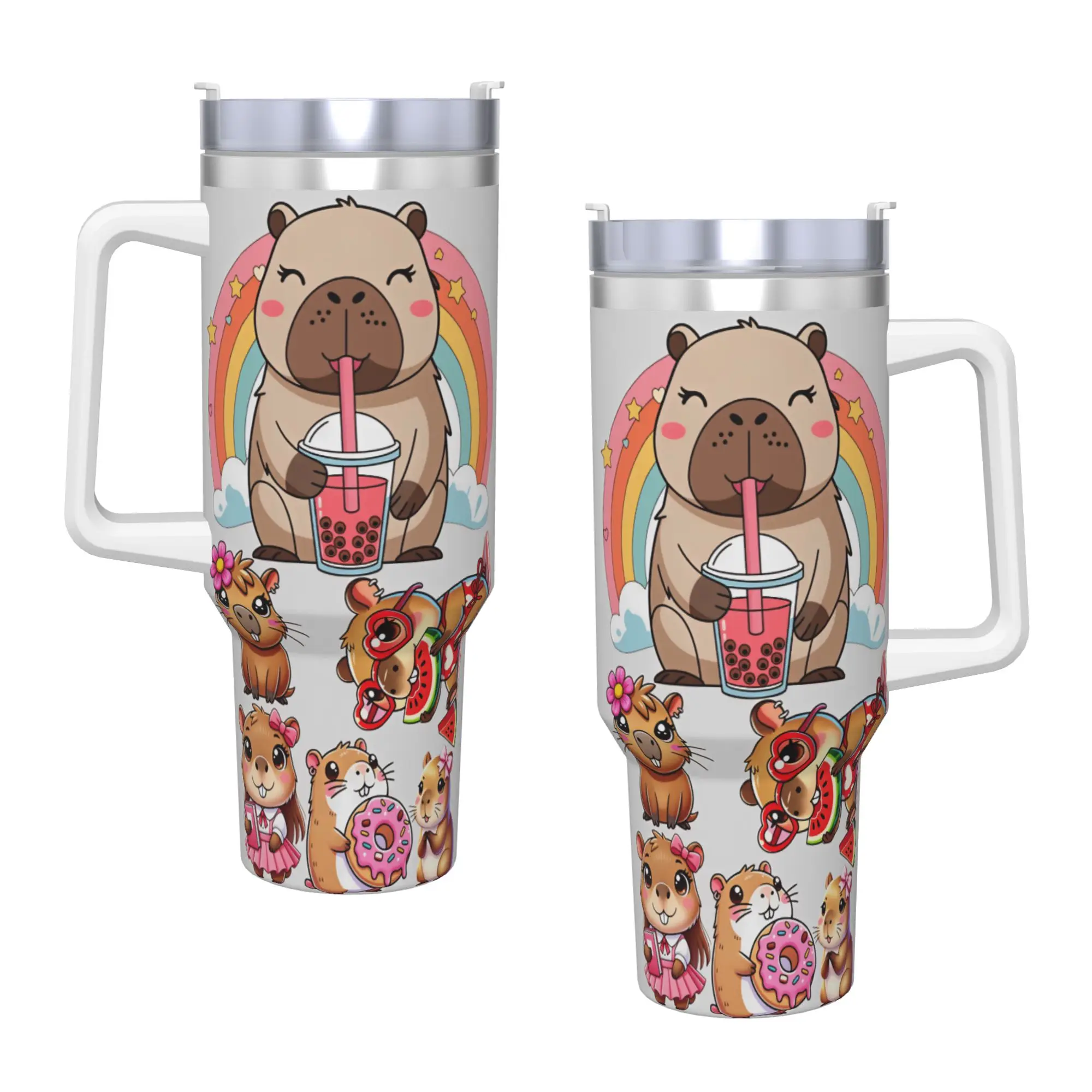 Stainless Steel Tumbler Variety Cute Capybara Bundle Bubble Tea Watermelon Donut Rainbow Flower Cartoon Mugs Cup With Straws