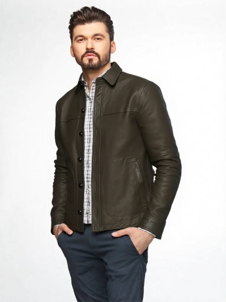 الأخضر الداكن الخريف الجلود قميص الرجال الرجعية خمر نمط حجم كبير 4XL حقيقية جلد الغنم الطبيعي واحدة الصدر معطف جلد