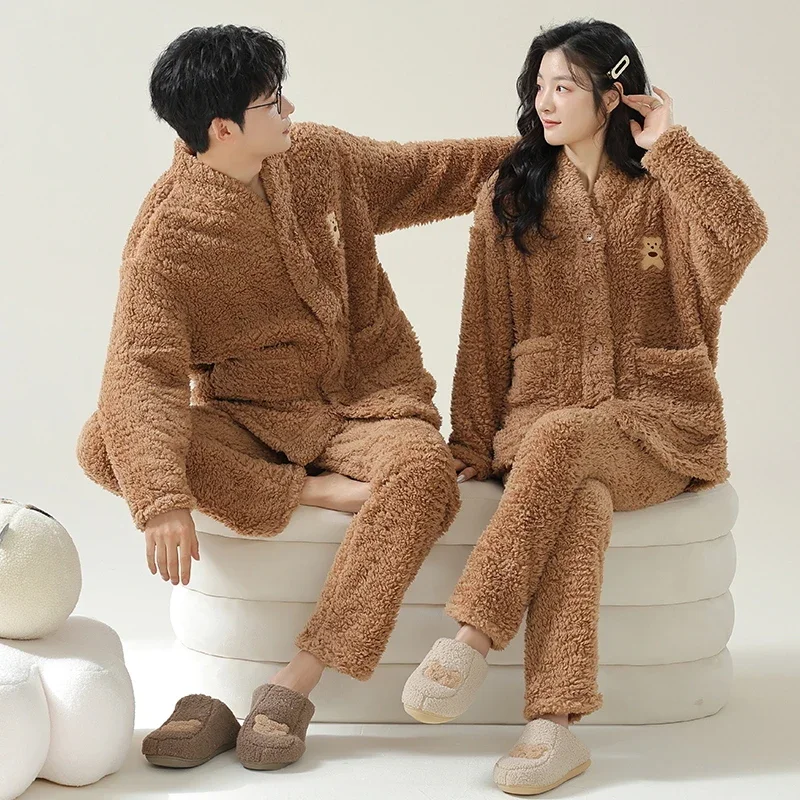 2024 New Flannel Pajamas Set Women and Men Matching Homewear Coral Fleece Kimono Long Sleepwear for Lovers pijamas para parejas