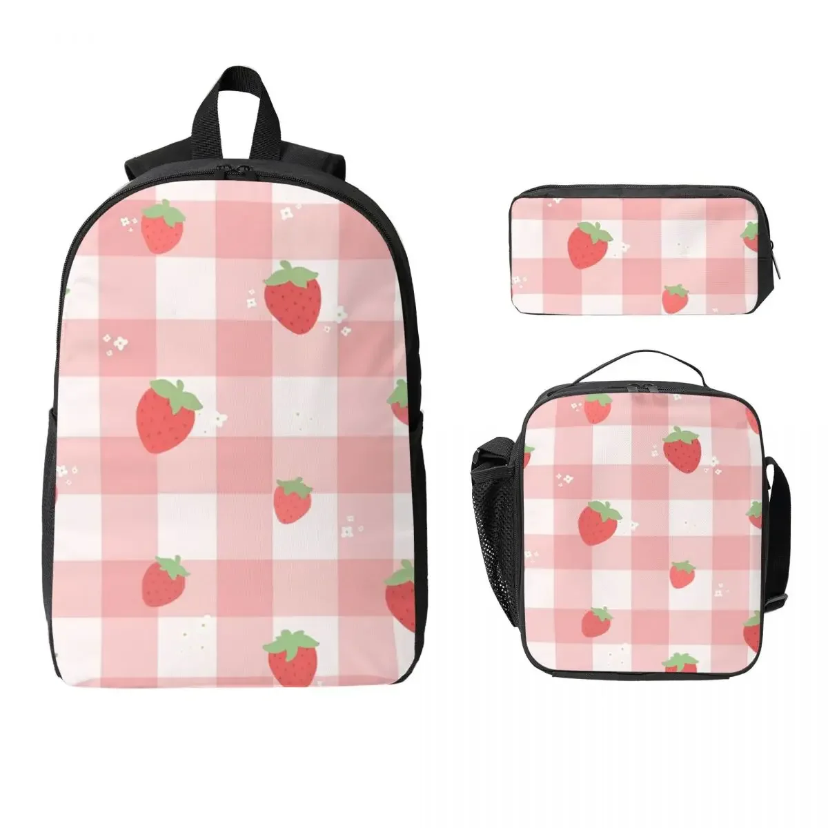 Strawberry Plaid Backpack Student Boys Girls BookBag School Bag Computer Shoulder Bags 3ps Insulated Lunch Bag Pencil Case