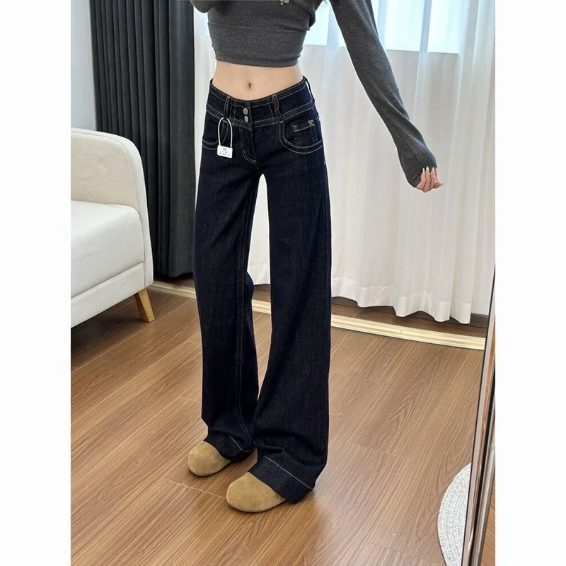 Hot Sale Lady Thin Dark Blue Flared Jeans Girls Narrow Straight Leg Denim Pants Female High Waist Leisure Trousers