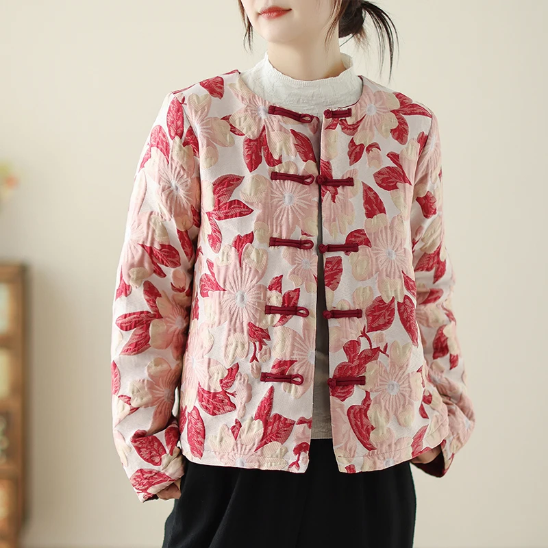 

Chinese Sle ort Loose Cotton Jaet Embroidered Trim Warm Lightweight Thiened Cotton Coat Sweet Sle Long Sve Top