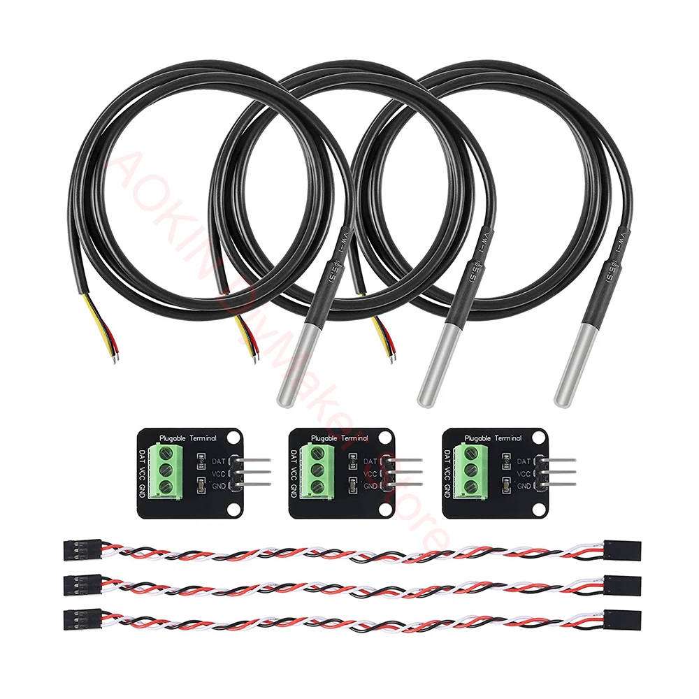 3PCS DS18B20 Temperature Sensor Module Kit Waterproof 100CM Digital Sensor Cable Stainless Steel Probe