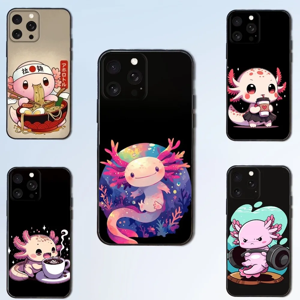 Bonita funda de teléfono Axolot para iPhone 16,15,14,13,12,11 Plus,Pro Max, XS, X, XR, SE, Mini, 8,7, funda negra de silicona suave