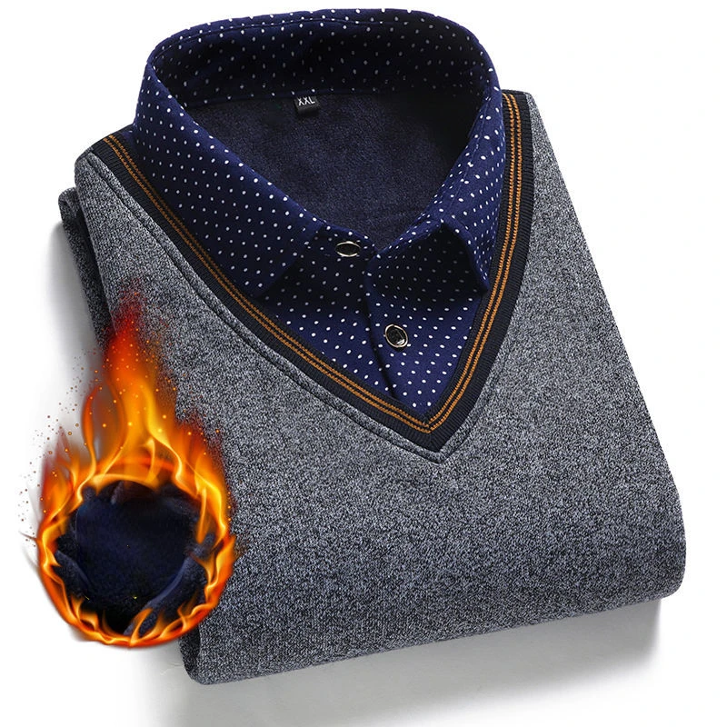 SHiONFA Herbst Winter Herren Langarm Pullover Shirts Gefälschte Zwei Stücke Pullover Fleece Dickes Hemd Gestrickte Casual Kleidung 4XL – Detail 20