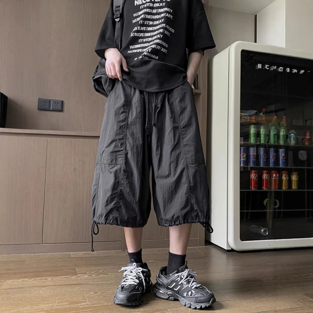 2026 Men Dark Style 7/8 Length Cargo Pants Ice Silk Quick Dry Functional Wide Leg Paratrooper Trousers Summer Loose Streetwear