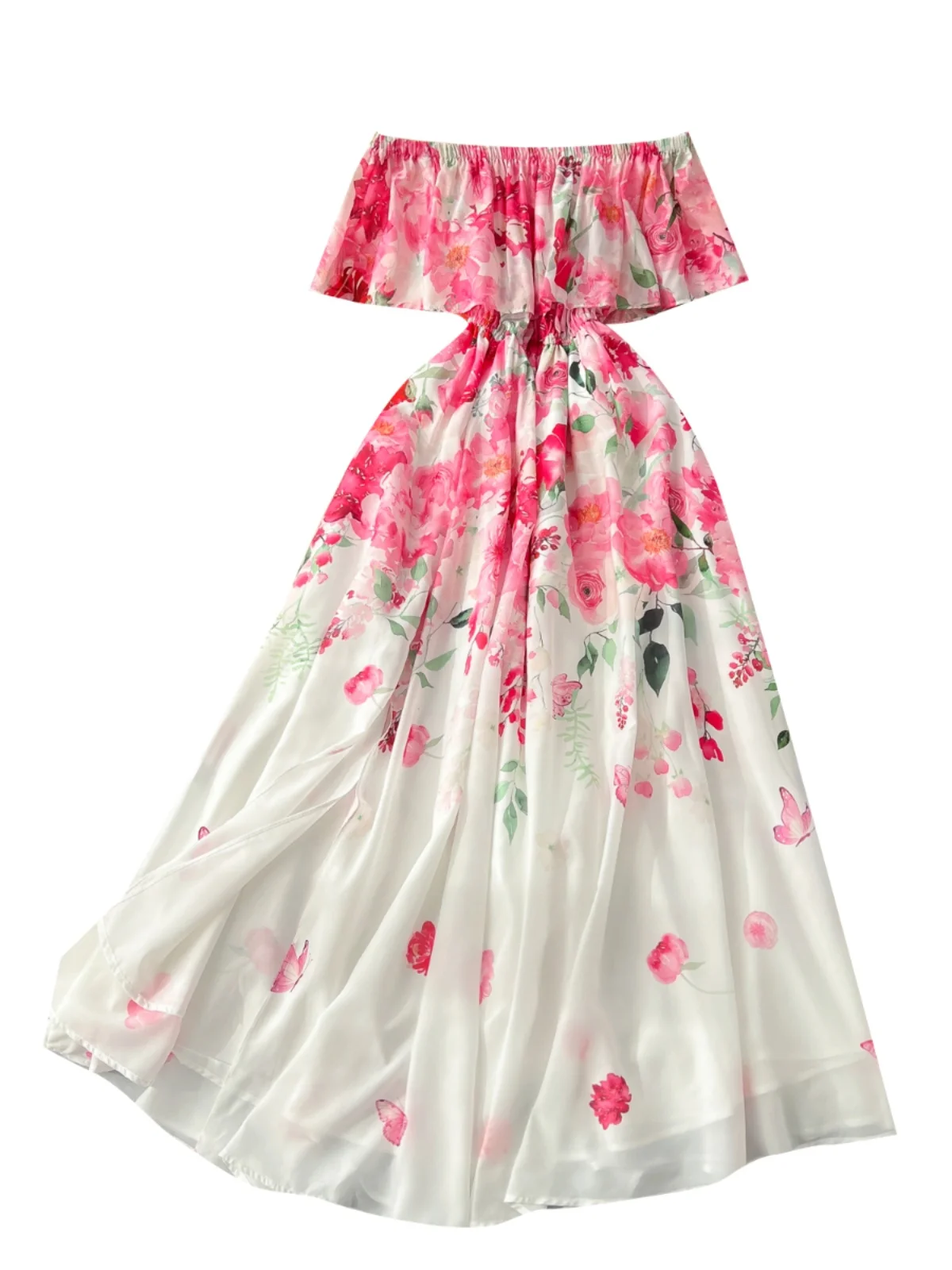 Ele Langer Rock Damen One-Shoulder-Chiffon Dr Hohe Taille A-Linie Midi Dr Frühling Pendeln Sle Blumendruck gerafft...