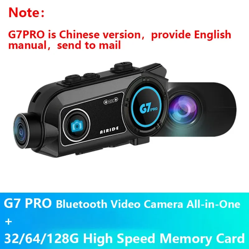 AIRIDE G7 PRO Helmet Bluetooth Headset for Motorcycles Front and Rear Dual 2K Camera Driving Recorder Wireless Intercom Earphone