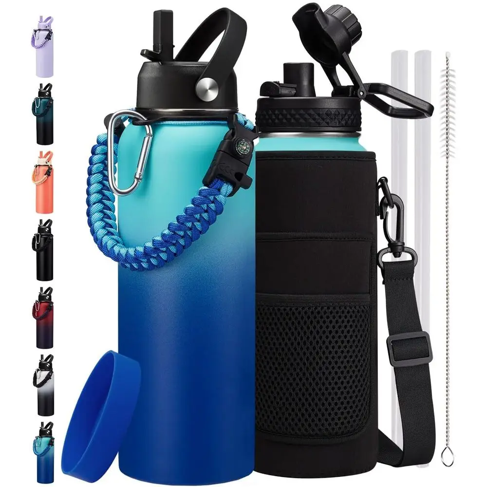 

Insulated Water Bottle 40oz with Auto Spout Lid, Paracord Handle, Shoulder Carrier Bag