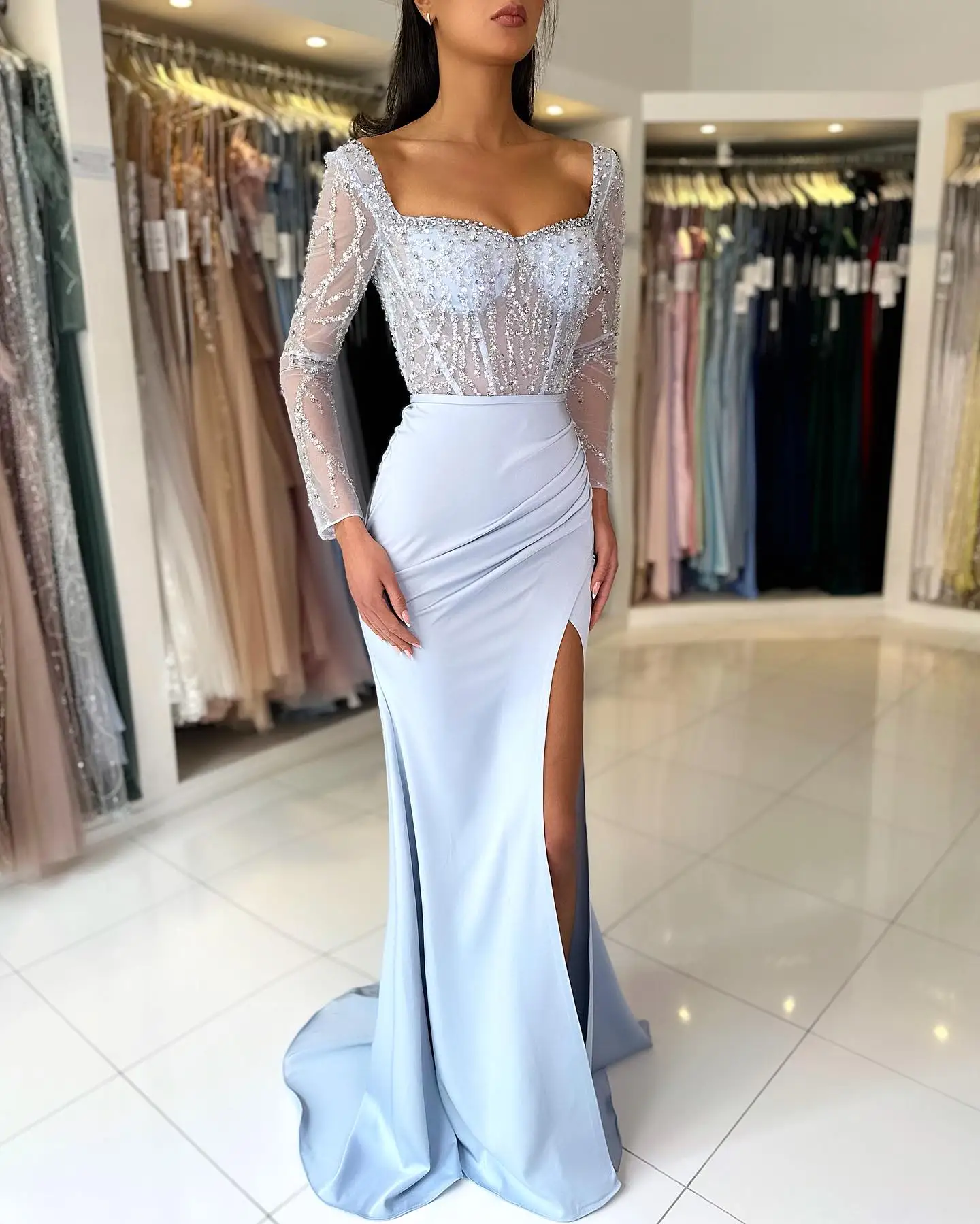 

Sparkly Tulle Lace Sequined Prom Dresses With Slit Square Collar Elegant Evening Party Long Ball Gowns Sexy Lace Mermaid Dress