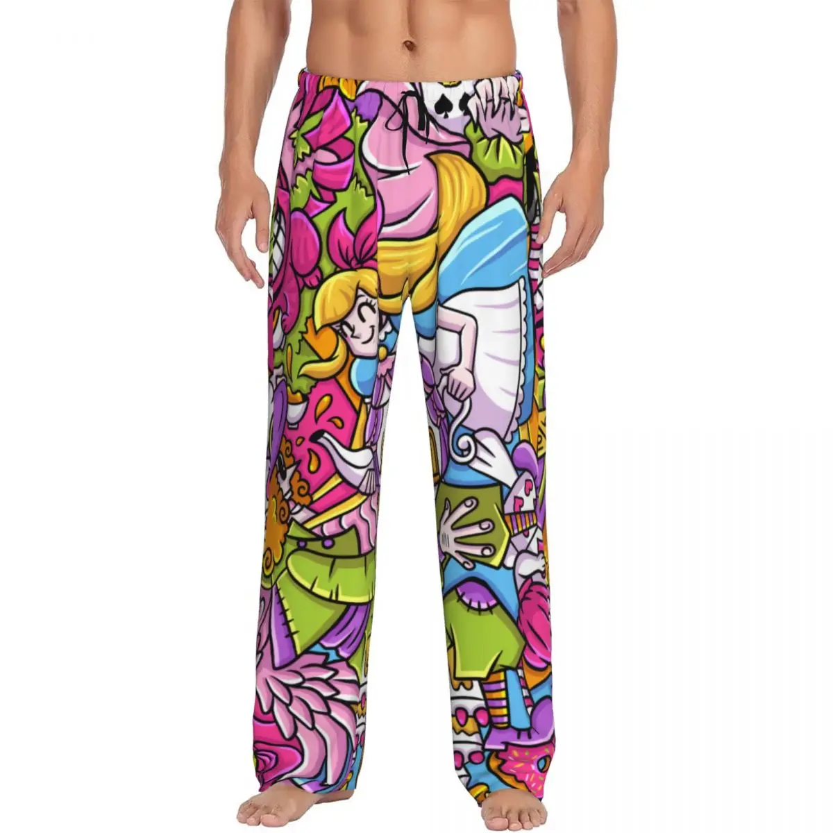 

Custom Alice In Wonderland Cheshire Cat Pajama Pants Sleepwear Men's Elastic Waistband Sleep Lounge Bottoms with Pockets