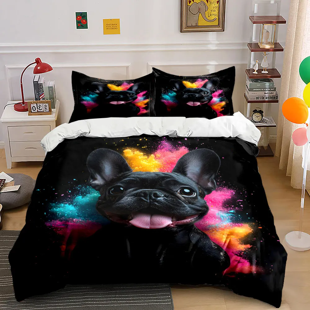 Black Dog with Colorful Powder Background Print Soft Comfortable Duvet Cover Bedding Set Included 1*Duvet Cover  2*Pillowcases