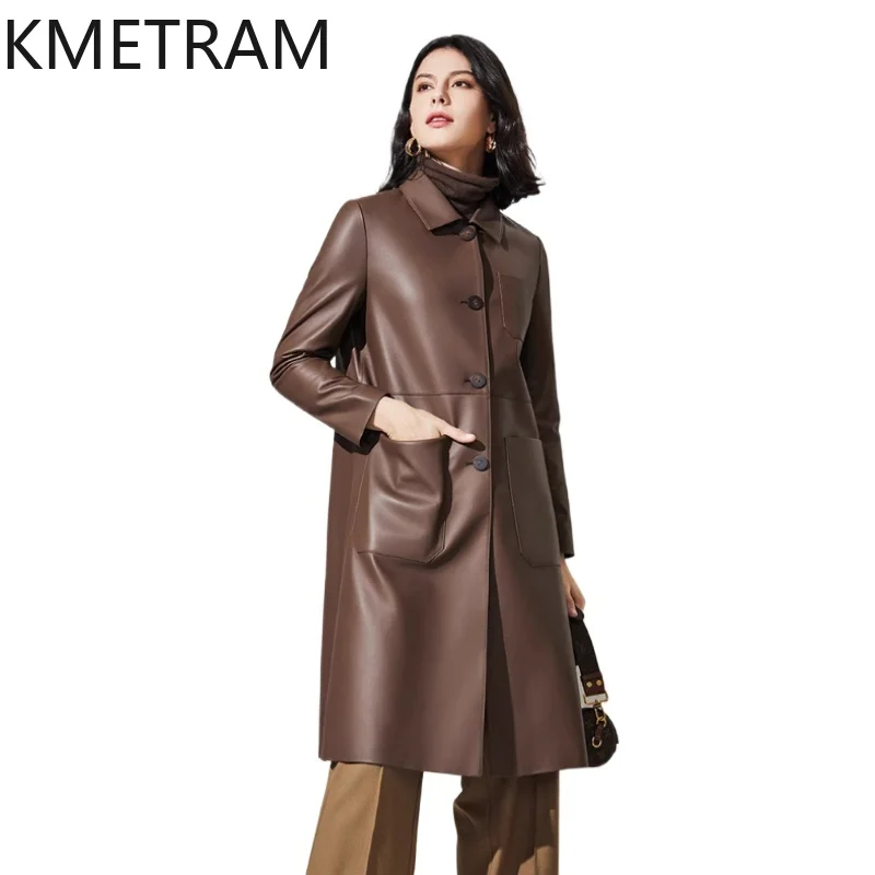 정품 가죽 자켓 여성 100% 양피 느슨한 자켓 여성 럭셔리 중간 길이 가죽 트렌치 코트 가을 옷 2025 дубленка