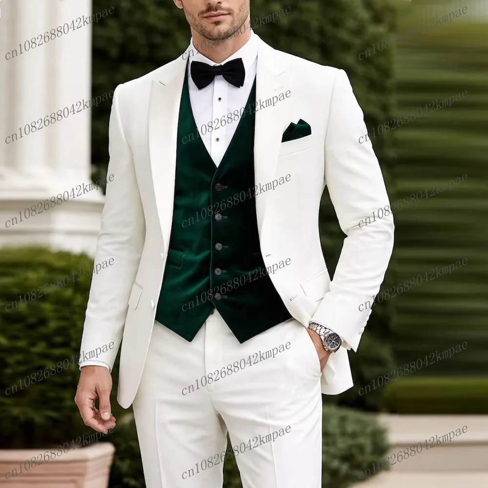 White And Green Velvet Formal Men Suit Groom Groomsman Wedding Party Prom Business Male Tuxedos 3 Piece Set Blazer Vest Pants