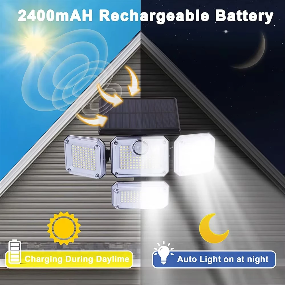 Outdoor Solar Light 333 LEDs with Motion Sensor Solar Exterior Light with Remote Control 3 Modes 4-Head Solar Floodlight