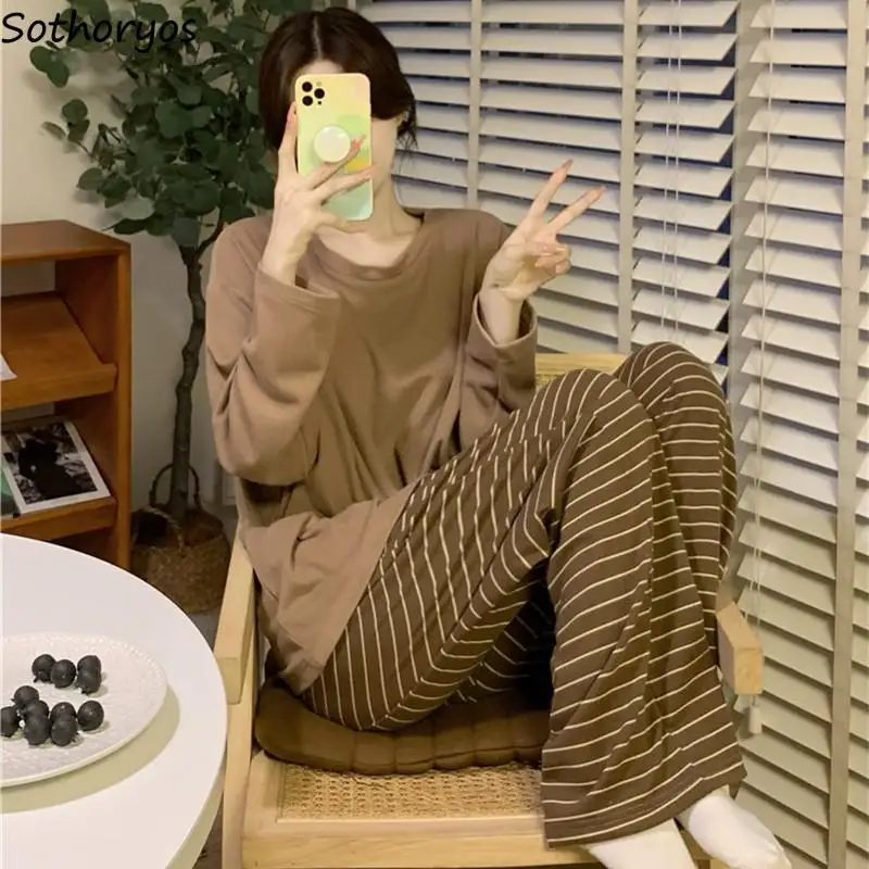 

Pajama Sets Women Long Sleeve Fashion Korean Style Simple Striped Casual Homewear Loose Cozy Sleepwear Soft Pijama Fall