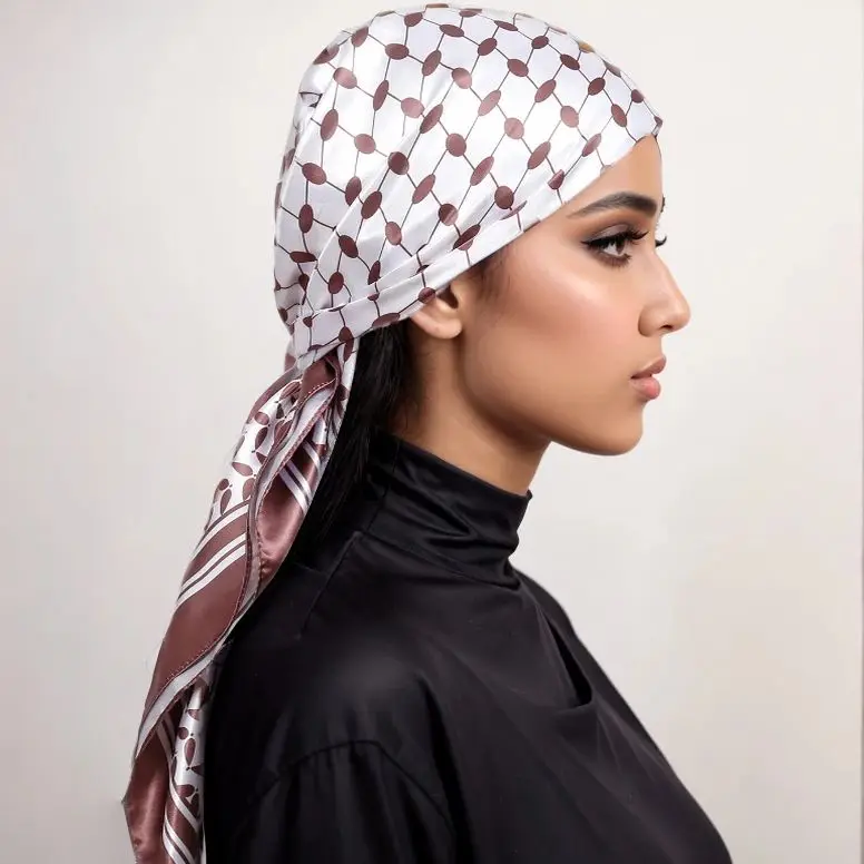 New Palestine Square Scarf Keffiyeh Print Muslim Ladies Headscarf Wraps Printed Satin Silk Scarves Women Headband Turban 90*90cm