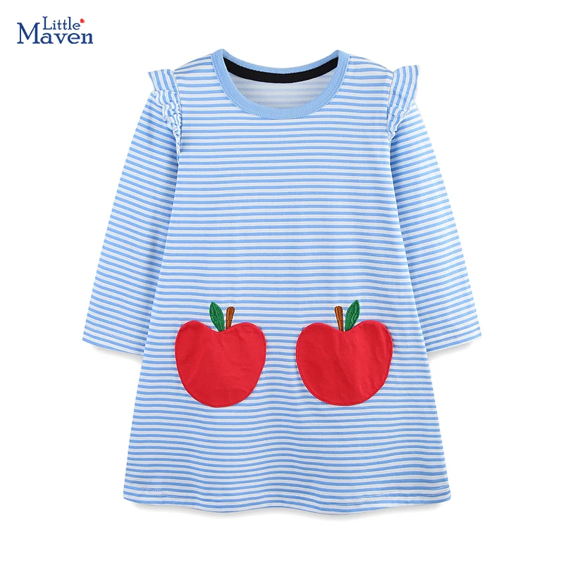Little Maven Mädchen Partykleider Cartoon Äpfel Baby Mädchen Langarm Gestreiftes Kleid Kostüm für Kinder Freizeitkleidung