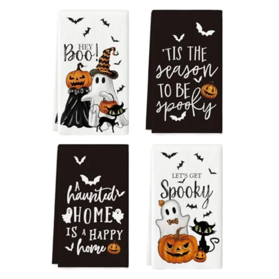 

Ghost Pumpkins Bats Cat Hey Boo Halloween Kitchen Towels Dish Towels 18x26 Ih JackO'Lantern Decoration Hand Towels Set of 4