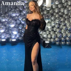 Amanda Gliiter Strapless Mermaid Vestidos De Noche Sexy Side Split Prom Dress 2023 Shiny Black Feather Chest فساتين مناسبة رسمية