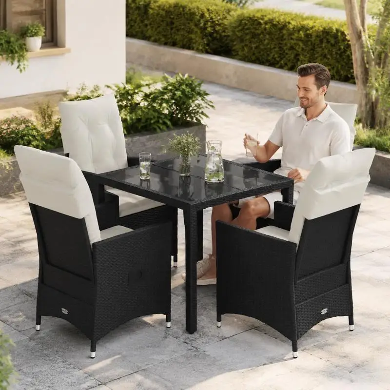 Ensemble repas de jardin 120 x 80 x 75 cm, structure en résine tressée polyrotin résistante aux intempéries, dossier réglable, table avec plateau en verre trempé, coussins épais amovibles et lavables