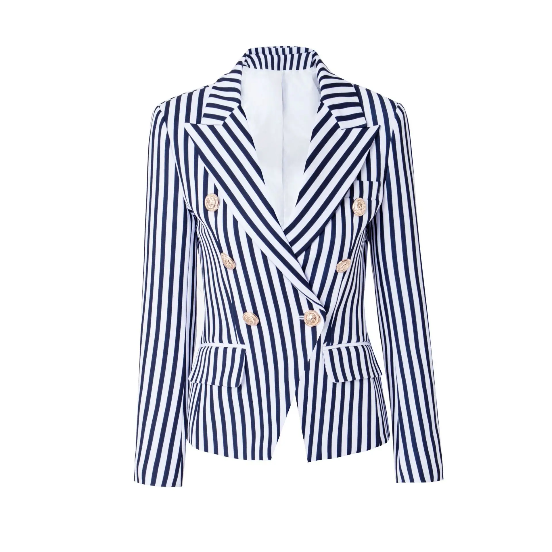 

European American star jacket jacket double-breasted metal lion head buckle fashion striped slim suit blazer vrouwen luxe femme