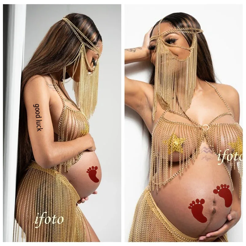 

Creative Tassel Dress Body Chain Mask Maternity Photography Props Head Trim Exaggerated Sexy Bra Skirt Pregnancy Woman Shooting