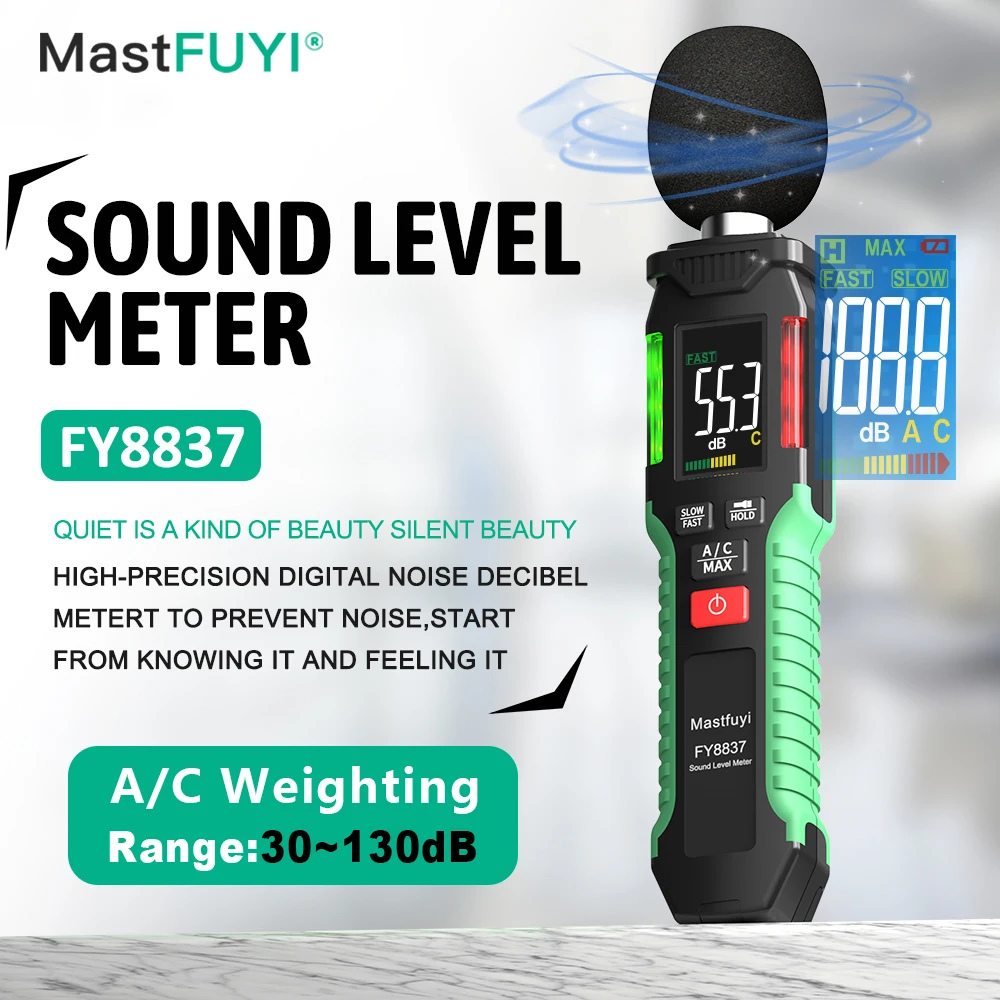 

MASTFUYI Digital Noise Level Meter A/C Weighting 30-130dB High-Precision Sound Meter for Home/Studio/Industry Audio Analyzer