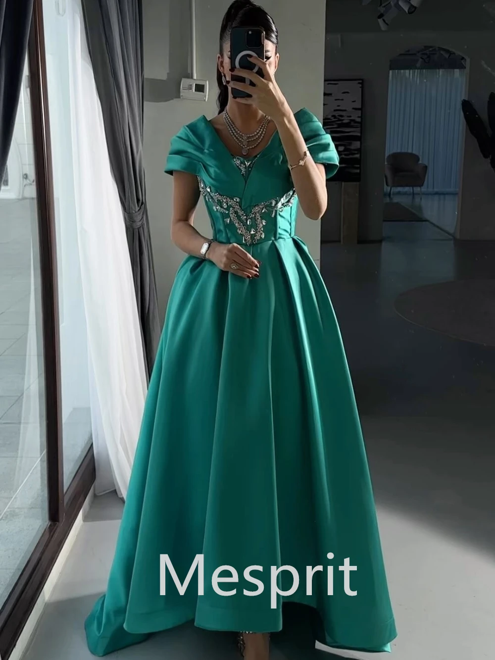 Mesprit vestido de noche elegante con hombros descubiertos, línea A, diamantes de imitación, largo, personalizado