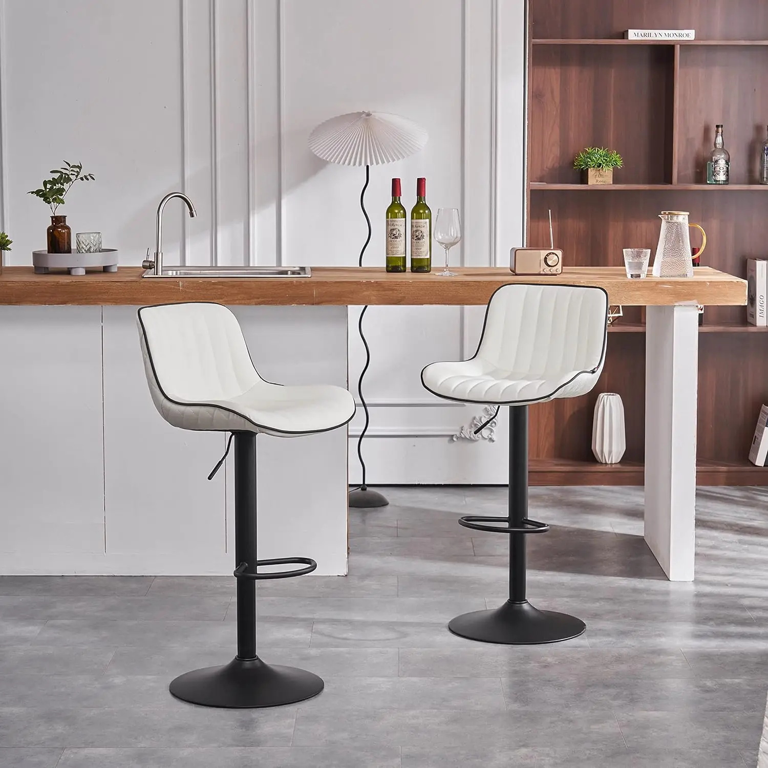 YOUNIKE Bar Stools Set of 2 White Counter Height Barstools with Backs Swivel High Faux Leather Kitchen Island Bar