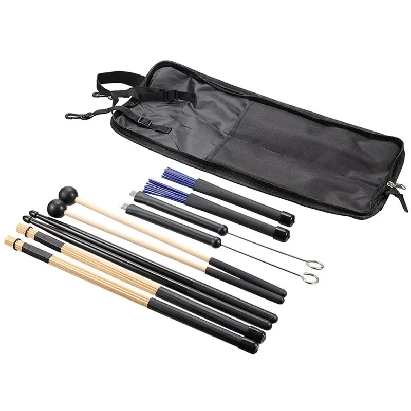 

AS98-Percussion Instrument Accessories Drumstick Bag With Floor Tom Hooks 5 Pairs Drum Sticks Mallets Brushes Set